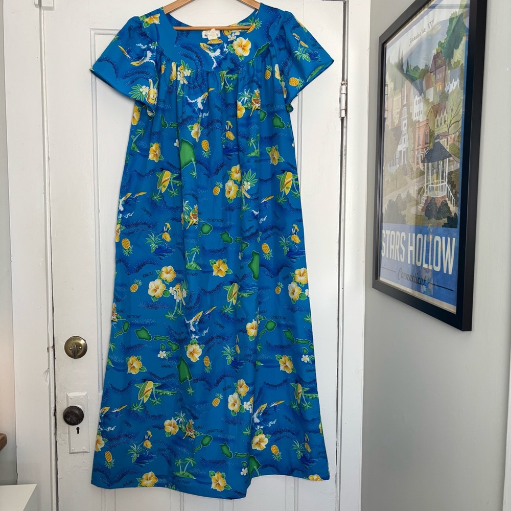 VTG Made in Hawaii Muumuu Dress-Blue Tropical Print-Sz 14-Surf,Island,Hula Flora